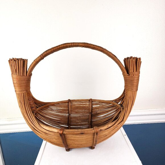 Vintage Rattan Boho Oval Gathering Basket Handmade